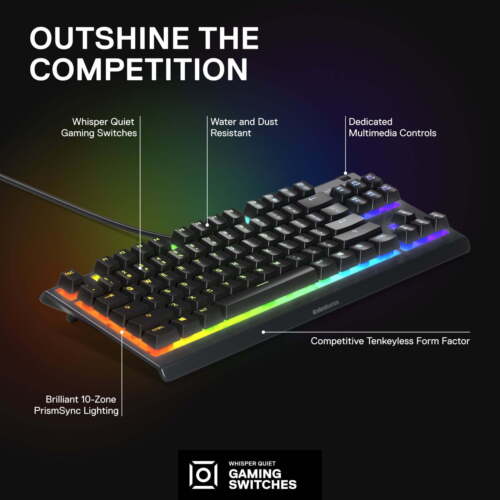 SteelSeries Apex 3 TKL RGB Gaming Keyboard - Tenkeyless - Water & Dust Resistant - Picture 3 of 7