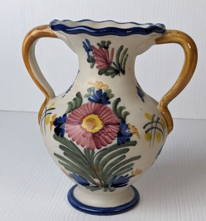 vintage floral vase two handles signed Flaera Espana Spanish