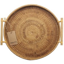Rattan Round Serving Tray Wicker Woven Bread Basket with Handles for Cracker ...