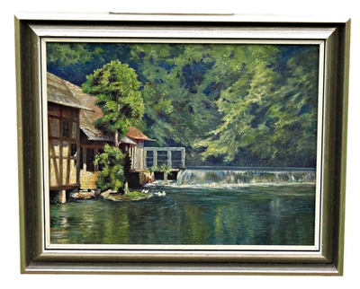 Tableau À l’Huile Sur Panneau Moulin Au Bord D’Un Lac Paysage Vintage - Photo 1/4