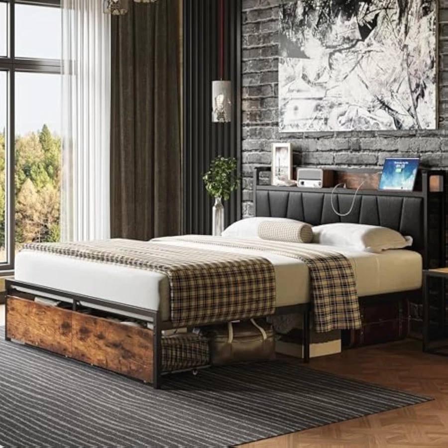 Marco de cama tamaño completo, cabecero de almacenamiento con estación de carga, plataforma Foto 3 de 4