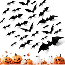 6 Sizes PVC Bat Stickers Halloween Decorations, 170Pcs 3D Bats Wall Decor