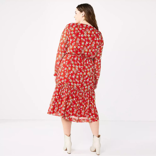 Abito midi Draper James RSVP manica lunga a strati donna M foderato cintura floreale rosso - Foto 13 di 13