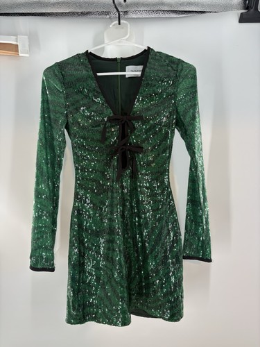 The Wolf Gang Brillo Sequin Dress Emerald Green Zebra Print Mini Size Small