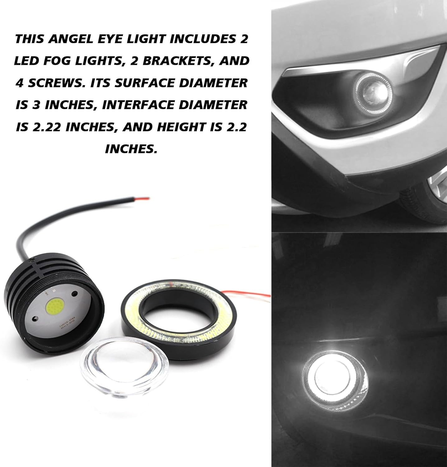 2Pcs Angel Eye Halo Ring LED Fog Lights DRL, 12V 10W 3-Inch Projector, Super ...