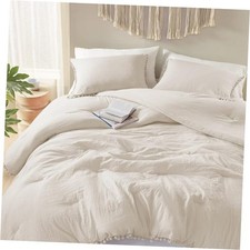 King Comforter Set - Boho Chic Bedding with Pom King: 104"W x 90"L Beige