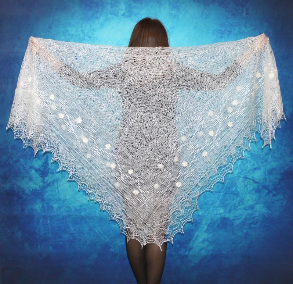 White Russian Embroidered Shawl Orenburg Kerchief Bridal Stole Wool Wrap Scarf - Image 2 of 4