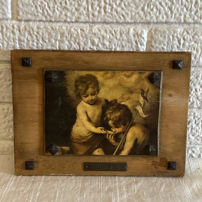 Antique Print ON WOOD RARE FIND Murillo  Infant St. John and Christ Child 