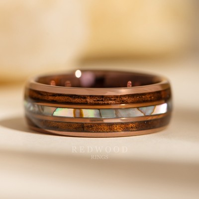 The Hawaiian Tungsten Ring, Brown Color, Koa Wood and Abalone Inlay - 8MM