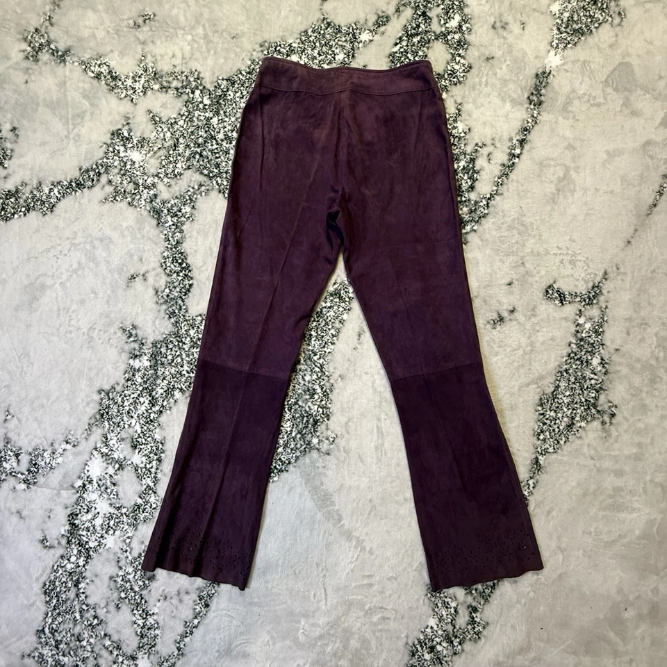 Pantalones Philippe Adec Paris para mujer talla 6 púrpura gamuza cuero corte láser estampado dobladillo Foto 2 de 4