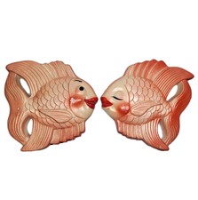 Vintage 1954 Miller Studio Kissing Fish Chalkware Wall Plaques Kitsch Salmon