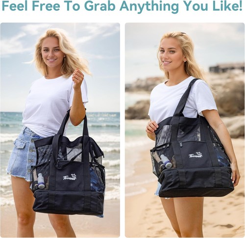Tirrinia Mesh Beach Bag w/Cooler Compartment Large Tote for Beach Travel Women - Bild 6 von 7