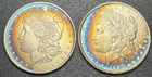 Pair of Rainbow Toned Morgan Silver $1 - 1880 & 1889 - AU Detail