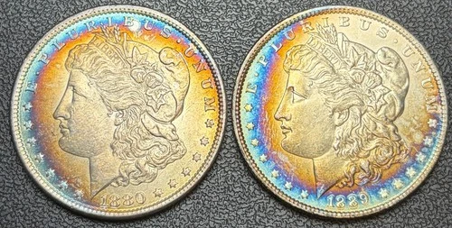 Pair of Rainbow Toned Morgan Silver $1 - 1880 & 1889 - AU Detail