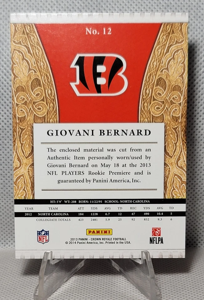 2013 Panini Crown Royale #12 Giovani Bernard RC Game Worn Jumbo Patch /249 - Image 2 of 3