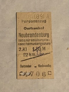 Fahrkarte Edmonsonsche von 1991 Oertzenhof Neubrandenburg