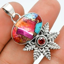 Premium Kingman Orange Dahlia Turquoise & Garnet 925 Silver Pendant P-1425