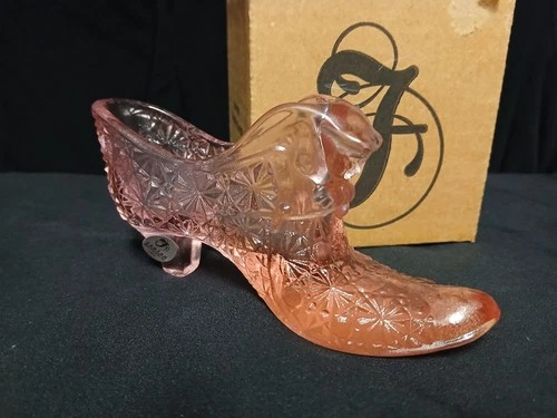 Fenton Pink Glass Shoe Figurine Handmade Art Glass USA Starburst with Box