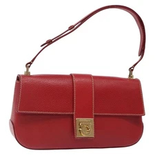 Salvatore Ferragamo Gancini Shoulder Bag Leather Red Gold Auth yk18783