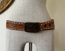 Vintage 70s Tooled Western Belt Susan with rainbow Belt Buckle Woman's M