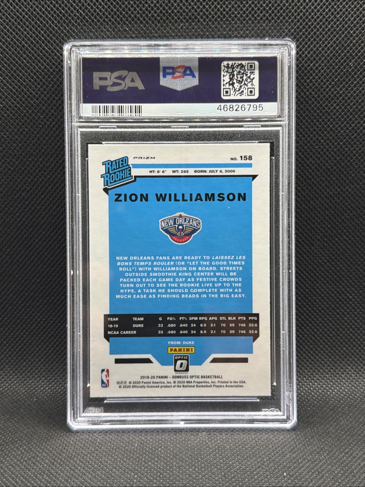 2019 Panini Optic NBA Rookie Blue Velocity Zion Williamson PSA 10 #158 Pelicans view 2