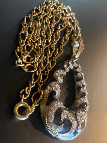 VTG Rhinestone Oval Teardrop Pendant Necklace Black Enamel Swirl Gold Tone Retro - Picture 3 of 16