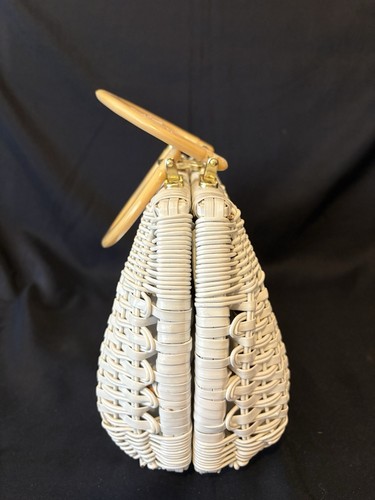 Vintage 60er Simon weiß Vinyl Stroh gewebt Handtasche Drehverschluss Lucite 11" W - Bild 6 von 14