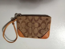 Coach Wristlet Small Brown On Tan Signature Canvas Leather Trim Pre-Owned