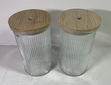 2 Pack Glass Qtip Holder Dispenser Set - Apothecary Jars Wooden Sealed Lids Hole