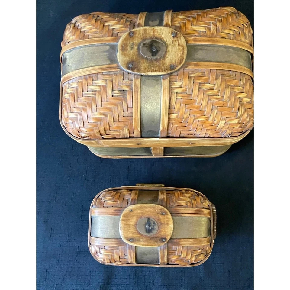 Vintage Asian Brass Bamboo Wicker Trinket Boxes Set Decorative Lidded Baskets - Image 4 of 4