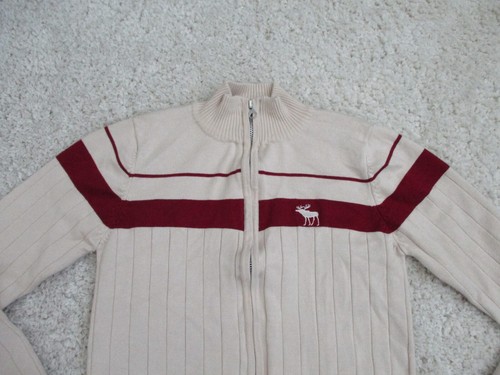 Abercrombie Fitch Sweater Youth Boy Large Ivory Red Full Zip Rib Knit Moose Logo - Picture 5 of 13