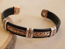 Solid Copper Leather Wrapped Magnetic Bracelet Energy Pain Cuff - Copper Chain