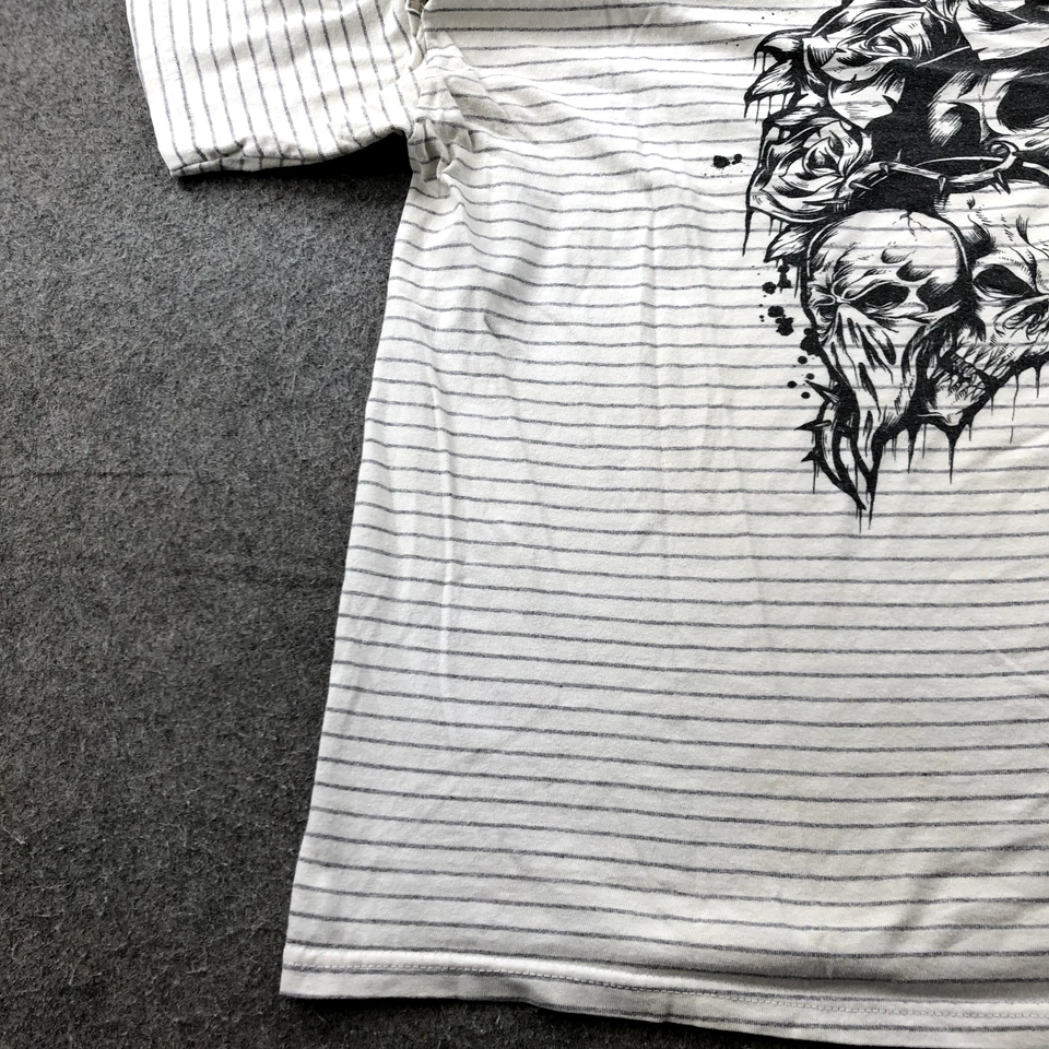 Camisa Híbrida De Colección Hombres Mediana Blanca Rayas Manga Corta Calavera Rosas Surf Y2K* Foto 2 de 4