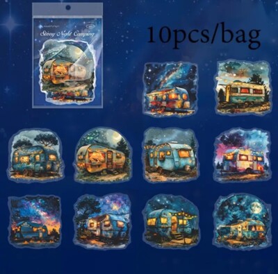 10pcs Starry Night Camping P.E.T. Stickers- DIY Crafts & Cards, Journal