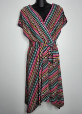 Phoebe Couture Womens Dress 6 Faux Wrap Multicolor Stripes Tie Belt Boho Hi Low