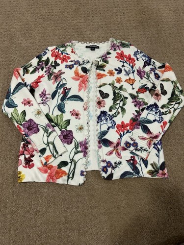 Boston Proper White Colorful Floral Pearl Trim Open Front Knit Cardigan