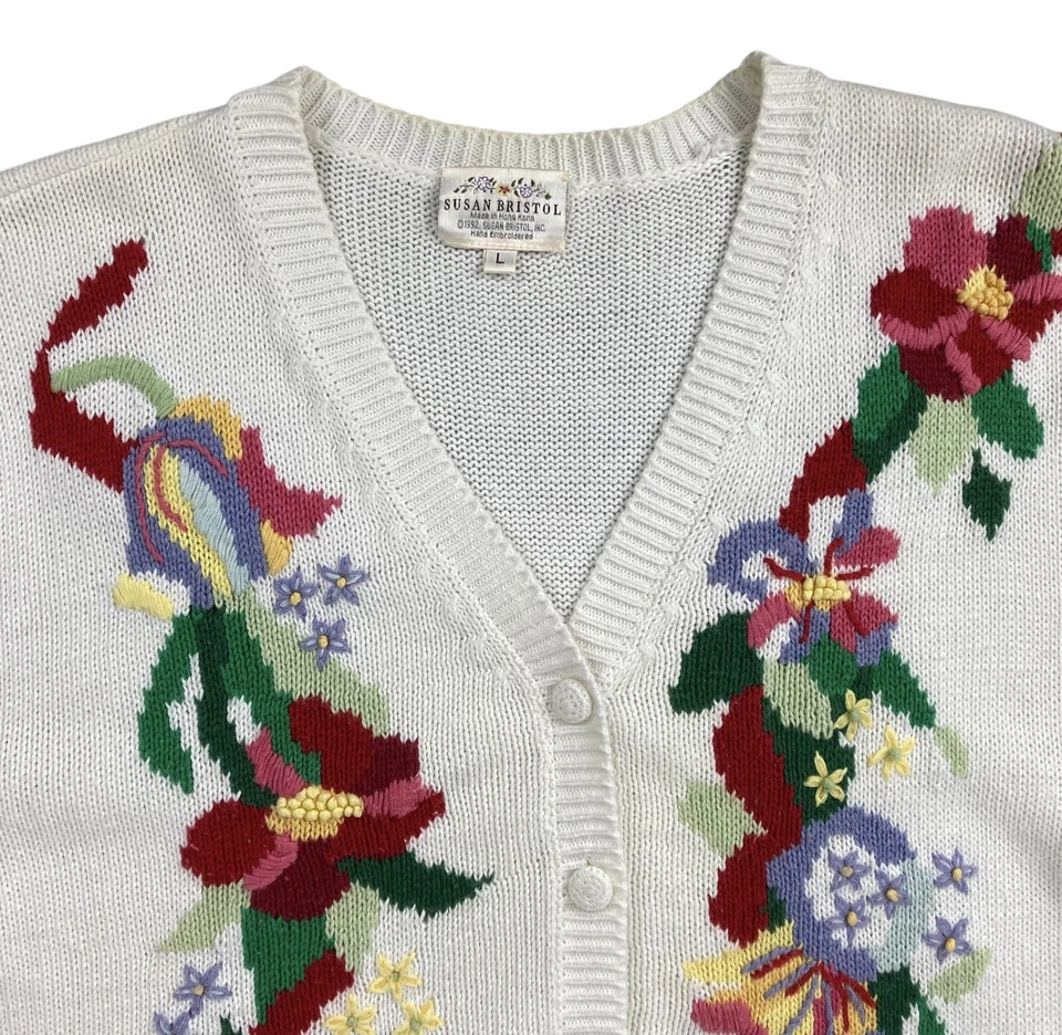 Susan Bristol Hand Embroidered Cardigan Sweater Short Sleeve Women L Ramie 1992 - Image 4 of 4