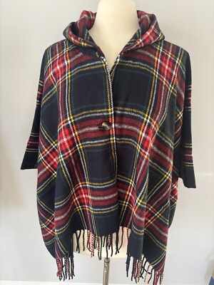 Francesca s Hooded Poncho Red Blue Plaid Fringe Button Front/Sides One Size New