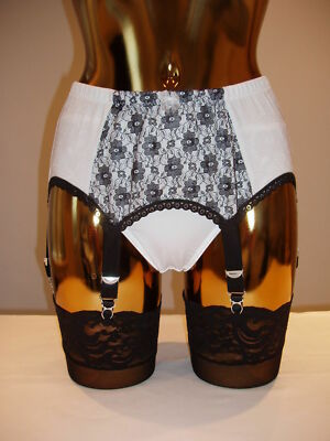Small White Lycra + Black Lace 6 Strap Designer Suspender Belt 27-30 Inch Waist
