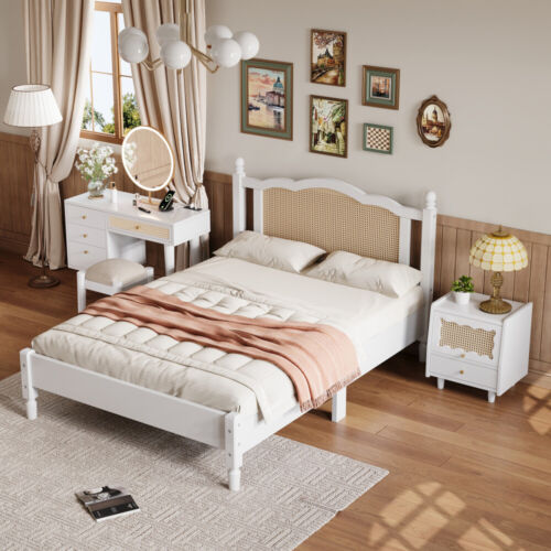 3pcs Set w Full Size Wooden Bed Frame, Nightstand & Makeup Set w Stool, White