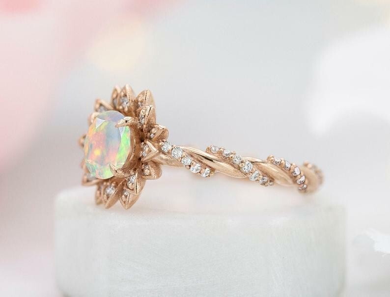 1.52Ct Lab-Created Fire Opal Floral Engagement Ring in Sterling Silver-image
