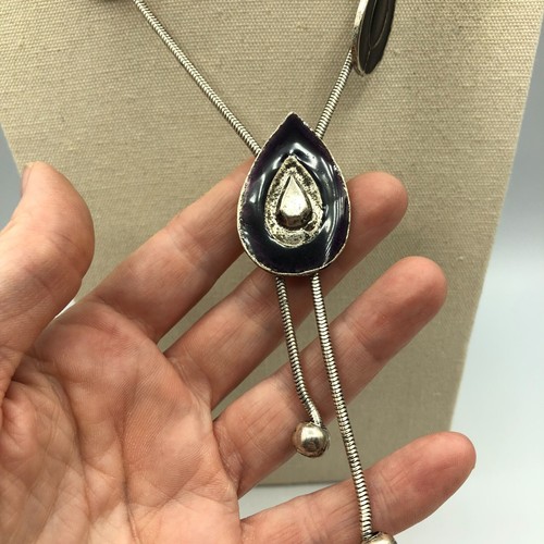 STATEMENT Silver Tone Bolo & Dark Purple Enamel Pendant Necklace Retro Christmas - Picture 4 of 17