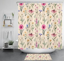 Yellow Daisy Beige and Pink Wildflower Shower Curtain Bathroom Accessories Set