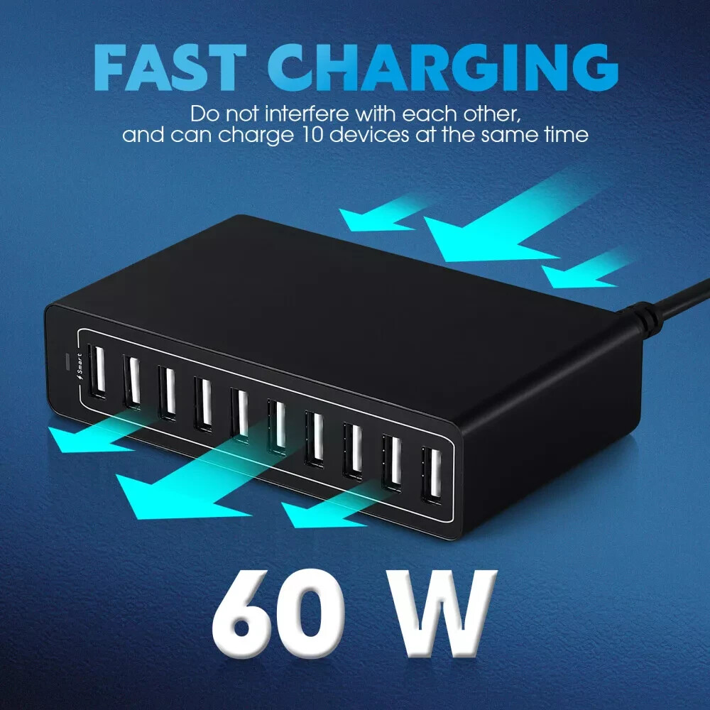 60W 10-Port USB Charging Hub Fast Wall Charger for Multiple Devices