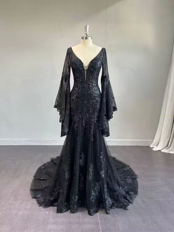 Vestidos de novia sirena góticos negros con lentejuelas cuello en V sin espalda tren vestido de novia Foto 3 de 4
