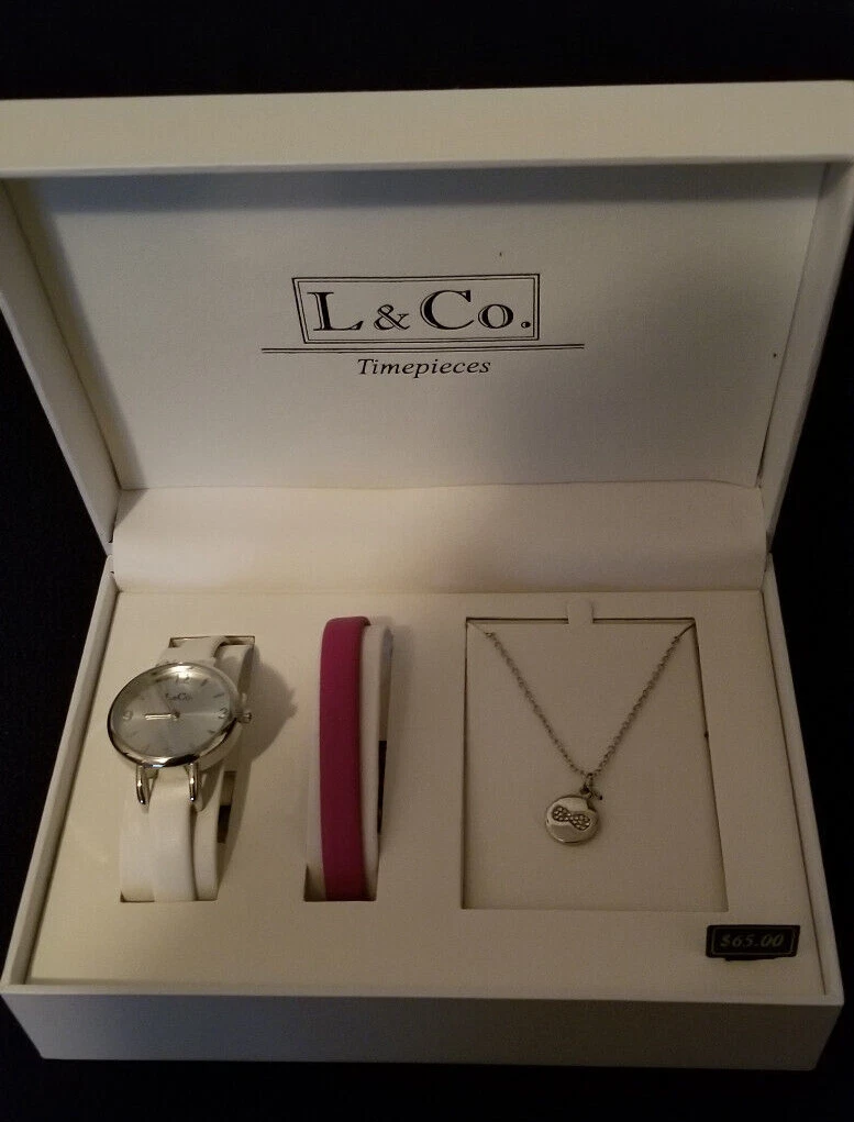 L Co. Timepieces Woman s Watch and Necklace Set Red White Band Brand New