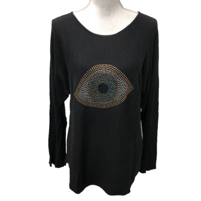 Rachel Zoe Evil Eye Rhinestone Sweater Jumper Womens XL Black Edgy Cozy