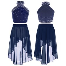 Girls Rhinestones Cross Back Crop Top Chiffon Leotard Skirt Ballet Lyrical Dance