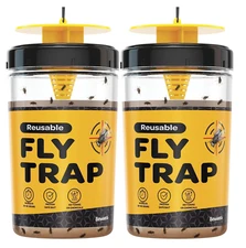Fly Traps Outdoor [Set of 2] with Dissolvable Non-Toxic Bait - Reusable Hanging 