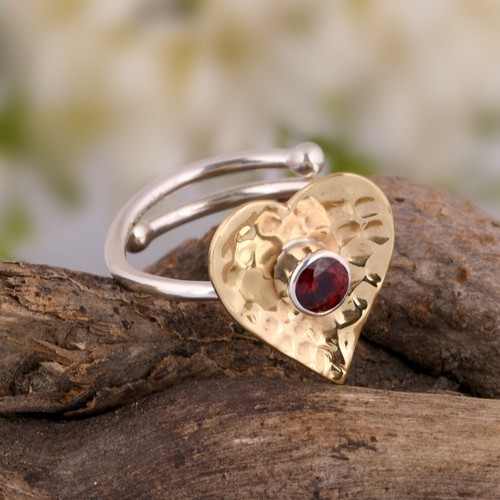 18K Gold Plated Love And Heart Shape Garnet Ring 925 Sterling Silver Ring - Picture 2 of 6